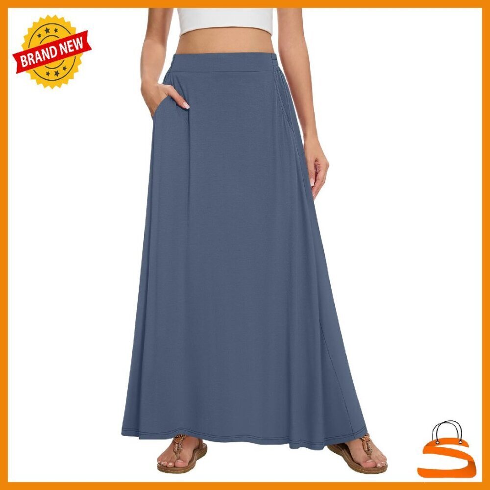 Maxi A-Line Skirt with Pockets, Elastic High Waist, Flowy Casual Style